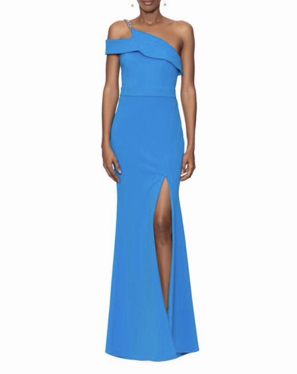 Xscape Marine Blue Chain Detail One-Shoulder Mermaid Gown Dress Size 12 $278